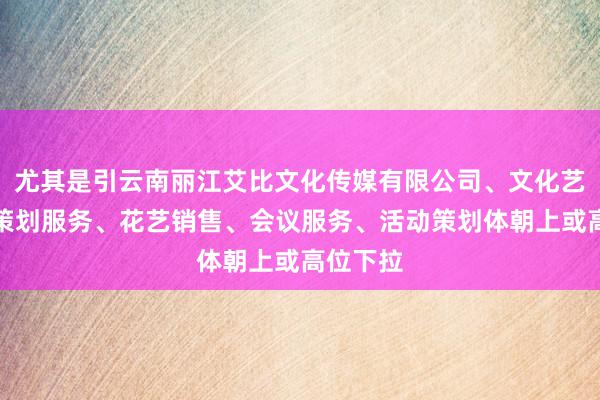 尤其是引云南丽江艾比文化传媒有限公司、文化艺术交流策划服务、花艺销售、会议服务、活动策划体朝上或高位下拉